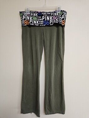 Victoria Secret PINK Y2K Flare Yoga Fold Over Pants Women’s L Olive Green